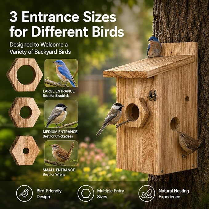 Smart Bird House with Camera, Wooden Birdhouse for Outdoor Bird Watching, App Live View, Color Night Vision, Motion Detection, 2-Way Audio, Waterproof Bird Nesting Box