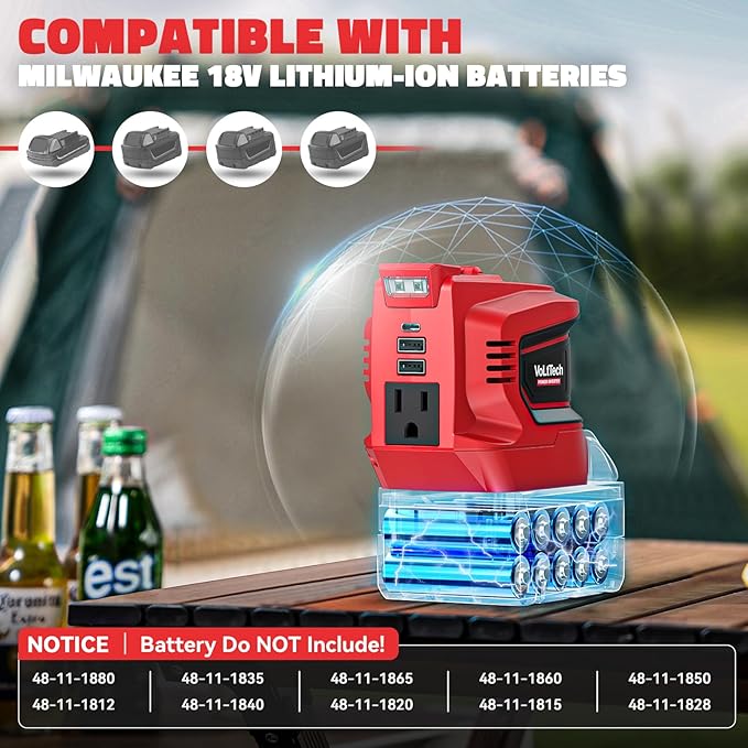 Real 200W Power Inverter Compatible with Milwaukee 18V, VoLtTech Battery Inverter 18V to 110V-120V, Phone Charger USB Charger Adapter Power Adapter with 2 USB Ports, 1 Type-C & 1 AC Outlet(No Battery)