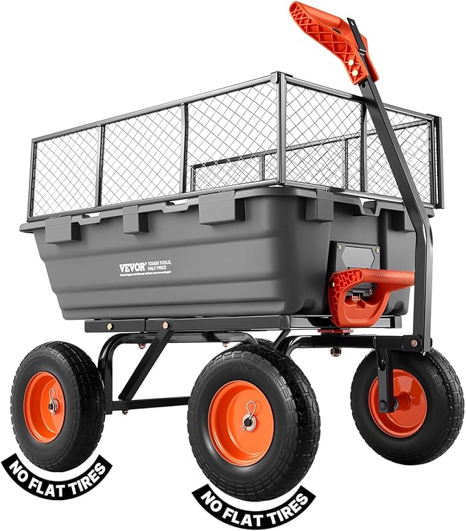 VEVOR 10 Cu.Ft 1200LBS Poly Garden Cart Dump Wagon, Heavy Duty Wheelbarrow with Convertible Handle and 13" Flat Free Tires, Outdoor Yard Wagon ATV Trailer Dump Cart Tow Behind for Lawn Mower Tractor