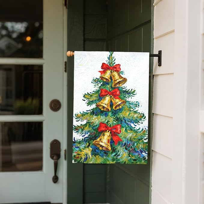 Christmas House Flag 28x40 Inch Green Yellow Red Xmas Tree Bell Bowknot Winter Holiday Decorative Garden Flags for Outside Double Sided Seasonal Outdoor Home Farmhouse Decoration Porch Yard Decor