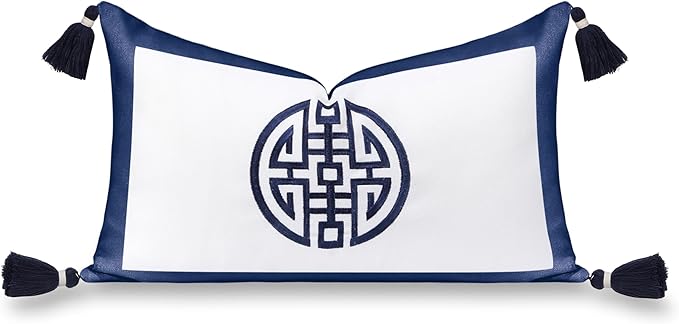 Hofdeco Premium Coastal Hampton Patio Indoor Outdoor Lumbar Pillow Cover Only, 12"x20" Water Repellent for Backyard, Couch, Poolside, Navy Blue Embroidered Double Happiness Symbol