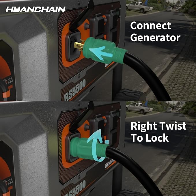 HUANCHAIN 3 Prong 30 Amp Generator Cord 10 Feet Heavy Duty,NEMA L5-30P/L5-30R 10 Gauge 125V SJTW Green Lock Generator Extension Cord Waterproof, ETL Listed