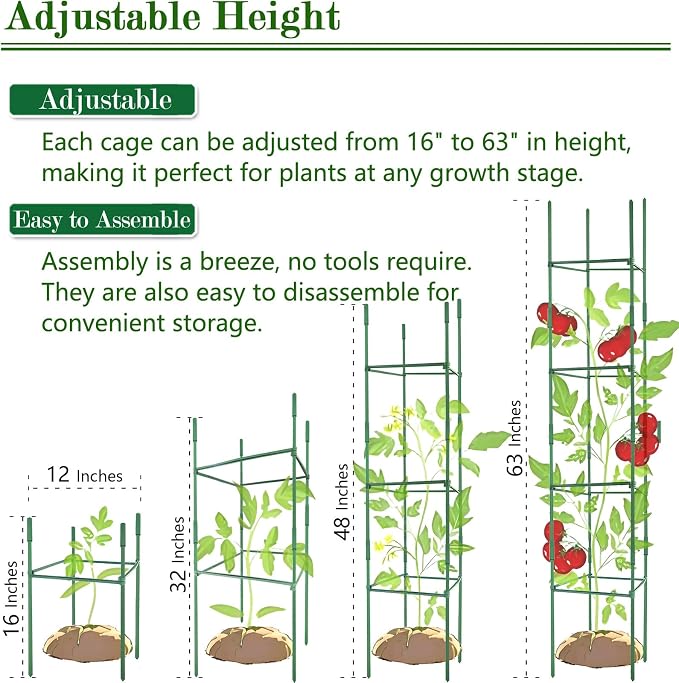 6Pack 12" Width Up to 63" Height Adjustable Square Tomato Cages for Garden, Plant Support Stakes for Climbing Vegetable, Tomatoe, Flower, with Twist Ties Snap-On Stake Arms