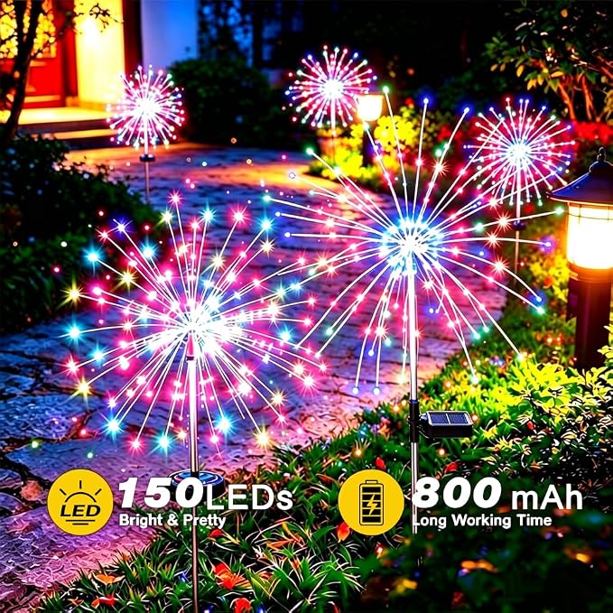Solar Firework Lights for Outside,150 LED RGB Color Changing Firework LED Solar Fairy Light Twinkling Tree Outdoor for Garden Yard Landscape Wedding Christmas Party Decor Multicolor (8 Pack)