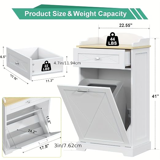 kepptory Tilt Out Trash Can Cabinet, 12 Gallon Farmhouse Laundry Hamper Cabinet with Drawer, Hidden Wooden Trash Garbage Can Bin with Storage Basket for Kitchen, Living Room (White)