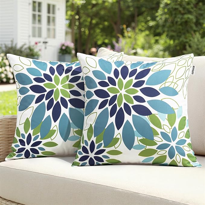 Floral Outdoor Pillow Covers Waterproof Spring Throw Pillow Cases Blue Green 18x18 Inch Set of 2 Decorative Summer Cushion Covers for Patio Furniture Garden Bench Porch Sofa
