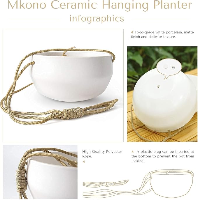 Mkono Ceramic Hanging Planter and Wall Hook Hanging Plant Bracket, Modern Plant Pot Geometric Porcelain Hanging Basket with Polyester Rope Hanger