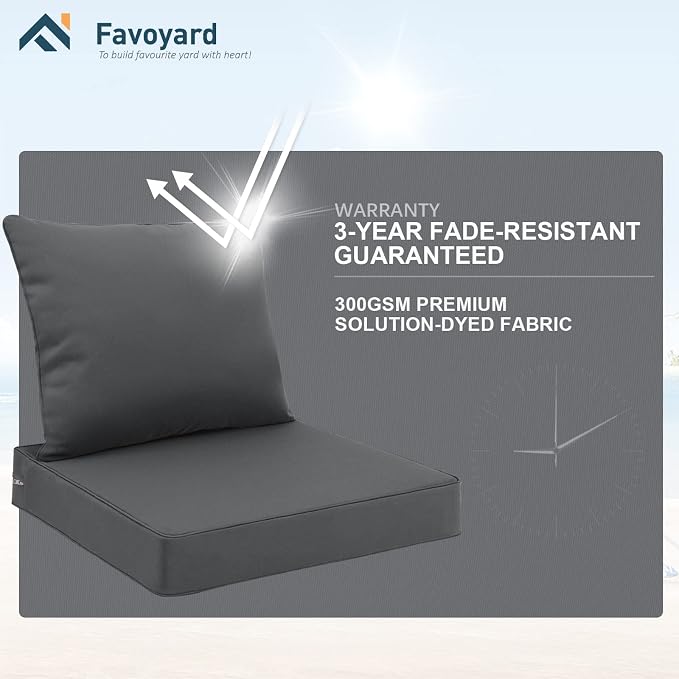 Favoyard Outdoor Seat Cushion Set 22 x 22 Inch Waterproof & Fade Resistant Patio Furniture Cushions with Removable Cover Deep Seat & Back Cushion with Tie Straps for Chair Sofa Couch