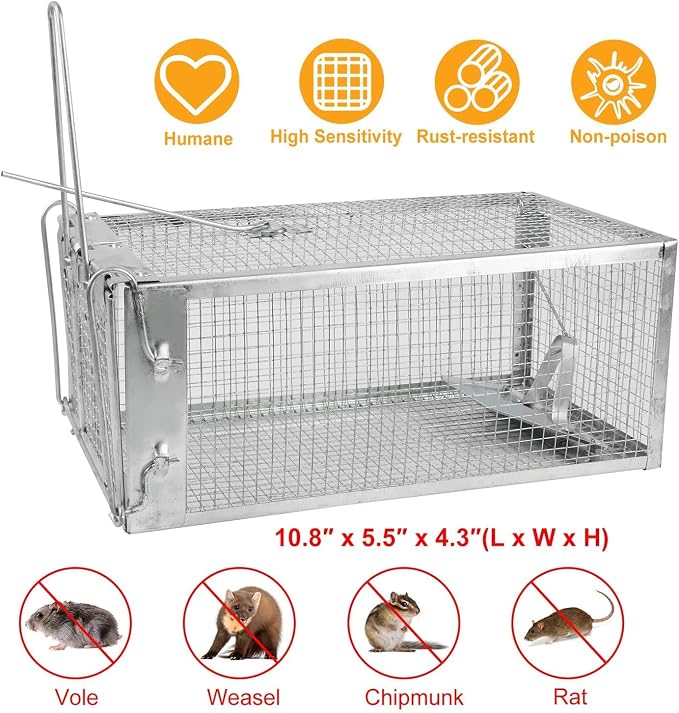 TeqHome Humane Rat Trap, 2 Pack Small Live Chipmunk Trap That Work for Indoor & Outdoor, Easy to Catch & Release, Live Animal Traps Mouse Cage Traps Reusable for Small Rodents Mice Voles Hamster