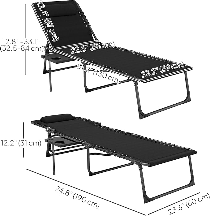 Outsunny Folding Chaise Lounge Chair Outdoor Tanning Chair with Side Table, 5-Level Adjustable Beach Lounge Chair with Headrest, Side Pocket for Patio, Backyard, Beach, Poolside, Black