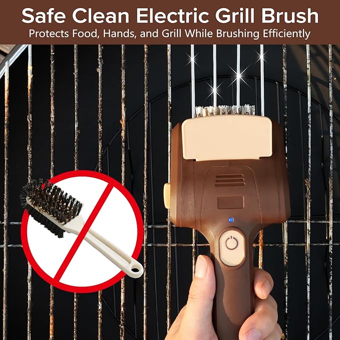 Electric Grill Brush for Outdoor Grill, Cordless Electric Grill Cleaner, Rechargeable Grill Cleaning Stainless Steel Brush, Grill Scraper, BBQ Accessories Brown