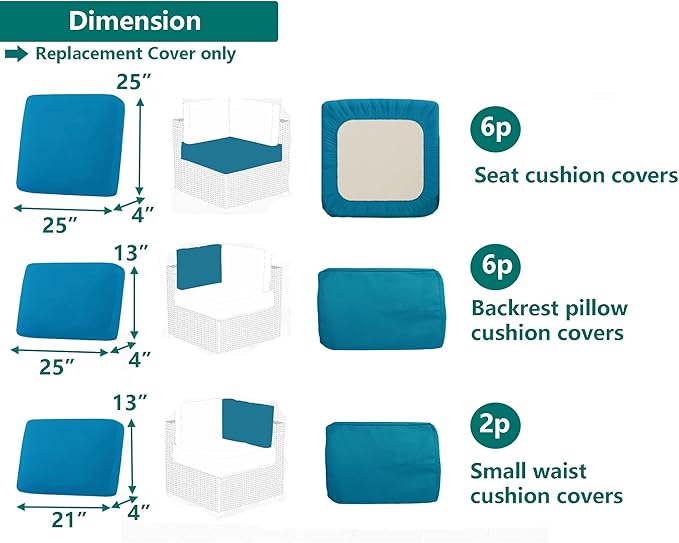 Outdoor Cushion Covers Replacement 14 Pcs Patio Cushion Covers fit for 7Pieces 6-Seater Wicker Rattan Sectional Couch Sofa Outdoor Cushion Slipcovers Set Seat and Back Cover Only, Teal