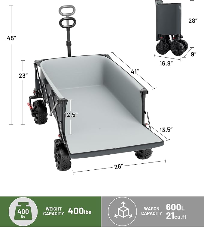 TIMBER RIDGE 600L Beast Wagon 26" W Extra Wide All Terrain Folding w/Big Wheels, Cargo Net & Tailgate, 26" W and 54.5" L, Capacity and 400lbs Heavy Duty Collapsible Portable Cart, Grey