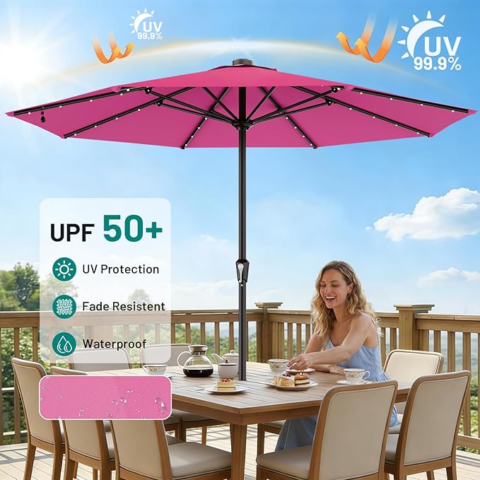 AreShark 11FT Large Patio Umbrella with Solar Lights, Lighted Solar Umbrella with Crank, Outdoor Table Market Umbrellas for Garden, Deck, Backyard, Pool and Beach, Rose Pink
