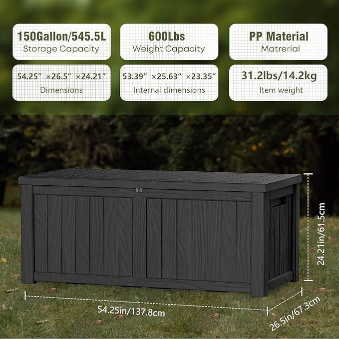 Outdoor Storage Box 155GAL Waterproof Resin Deck Box,Pool Accessories Supplies，UV-Resistant Lockable Package Delivery Bin for Garden Tools,Large Patio Outside Cushions,Chest,Furniture,Black