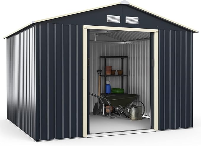 Goplus Storage Shed, Metal 9' X 8' Outdoor Building Organizer with 4 Vents & Double Sliding Door for Garden Backyard Farm (9'X8')