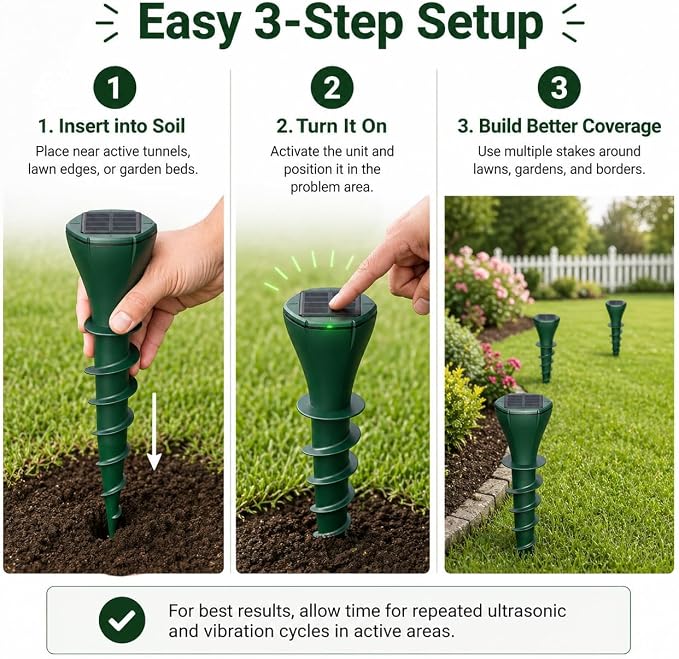 Solar Powered Mole Repellent Stakes, Ultrasonic & Vibration Deterrent for Moles, Gophers & Voles, IP65 Waterproof Outdoor Pest Repeller for Yard, Lawn & Garden, 4 Pack