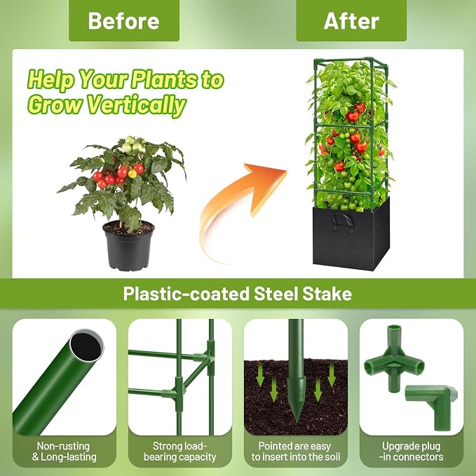 Legigo 2 Pack Tomato Cages with 17 Gallon Grow Bags- 47 Inch Square Tomato Cages for Garden, Heavy-Duty Tomato Stakes Plant Support Cages Trellis for Garden Vertical Climbing Plants Vegetables