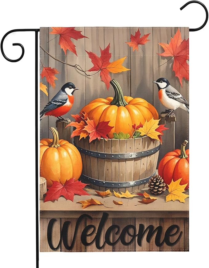 Fall Pumpkin Bird Garden Flag 12x18 Inch Welcome Autumn Watercolor Maple Leaf Harvest Theme Thanksgiving Decorative Yard Flags for Outside Double Sided Outdoor Home Farmhouse Decoration Porch Decor