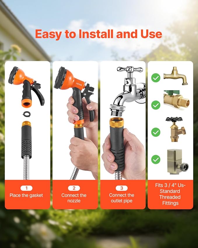 VEVOR Garden Hose Metal 150 ft, Rust Proof Stainless Steel Water Hose, Heavy Duty Backyard Hose with 10 Function Nozzle, No-Kink & Flexible Water Pipe, Lightweight Metal Hose for Yard, Outdoor