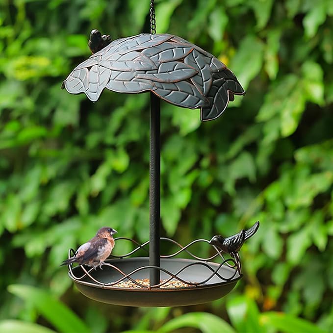 Jemeni Metal Bird Feeders for Outdoors Hanging, Bronze | Heavy Duty Decorative Bird Feeder Tray for Outside