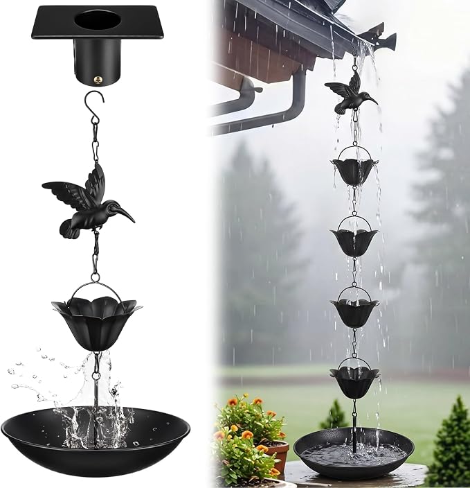 MorningRo Black 8.5ft Rain Chains for Gutters Outside with Anchor Basin 12 Cups Rain Chain Catcher Downspout Replacement Adjustable Metal Garden Rainwater Divert for Eaves Drainage (Hummingbird)