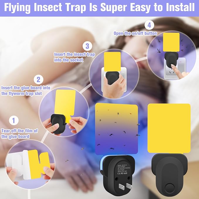 Flying Insect Trap Plug-in, Indoor Mosquito & Gnat Killer, Safe Non-Toxic UV Light Fly Catcher, Night Light Bug Trap with Sticky Pad for Flies, Gnats, Moths (2 Pack, Black)
