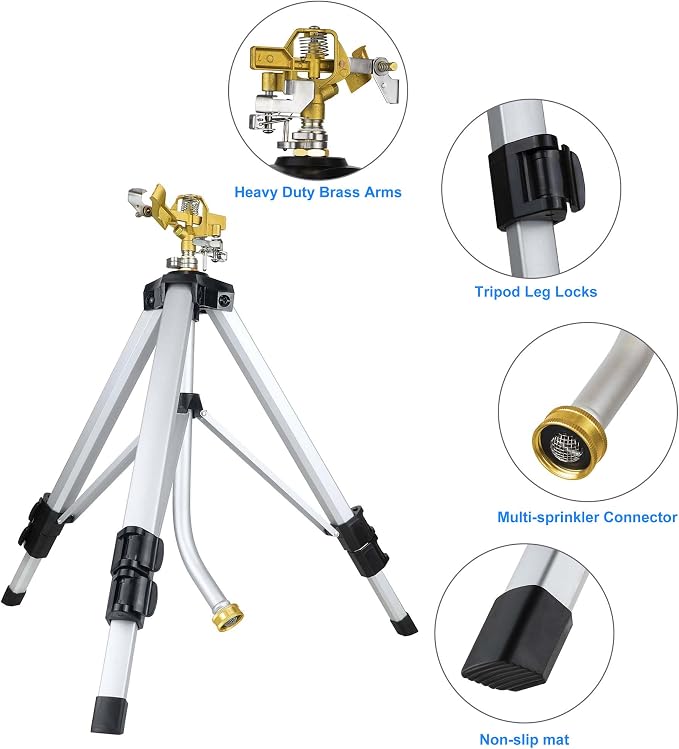 Sprinklers for Yard on Tripod, 2 Pack Heavy Duty 360 Degree Impact Lawn Sprinklers for Yard and Gardens, Adjustable Base with Sprinkler Head Nozzle and 3/4" NH Inlet Hose Connection