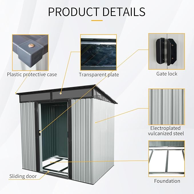 6FT x 5FT Outdoor Storage Shed, Heavy Duty Galvanized Steel Garden Shed with Sloped Roof, Sliding Lockable Doors, Punched Vents & Foundation Kit, Weather Resistant Tool Shed for Backyard, White+Black
