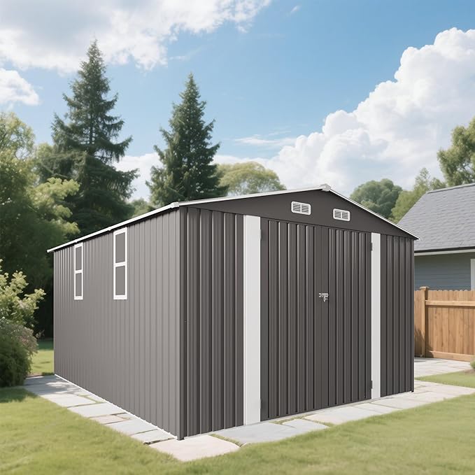 KEIKI 10x12 FT Outdoor Metal Storage Shed with Vent,2 Window and 2 Swing Door,Sloped Roof for Patio Backyard Bicycles