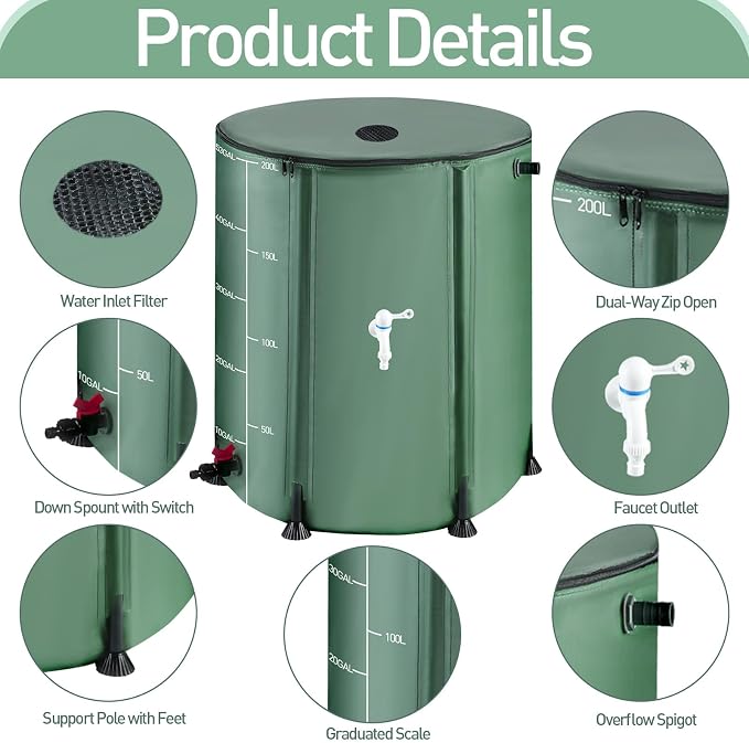 53 Gallon Collapsible Rain Barrel with Zipper Open and 12 Poles | 200L Protable Rainwater Collection System Kit,1000D Oxford,Rain Catcher Barrel for Outdoor Garden Camping