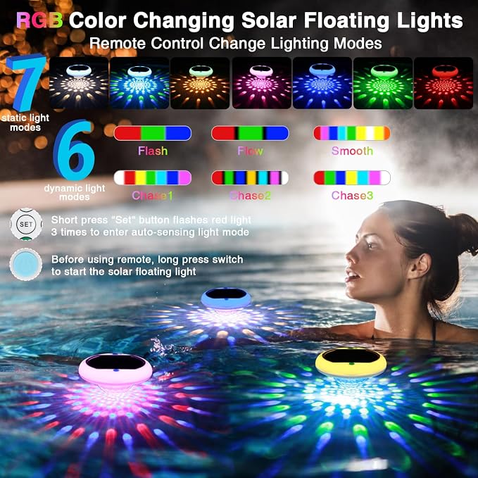 Solar Floating Pool Lights(2 PACK), USB Rechargeable Pool Lights, 6.69 Inch IP68 Waterproof Pool Lights That Float 6 Dynamic Modes with Remote Upper and Lower Glow 2600mAh Hangable Light for Pond