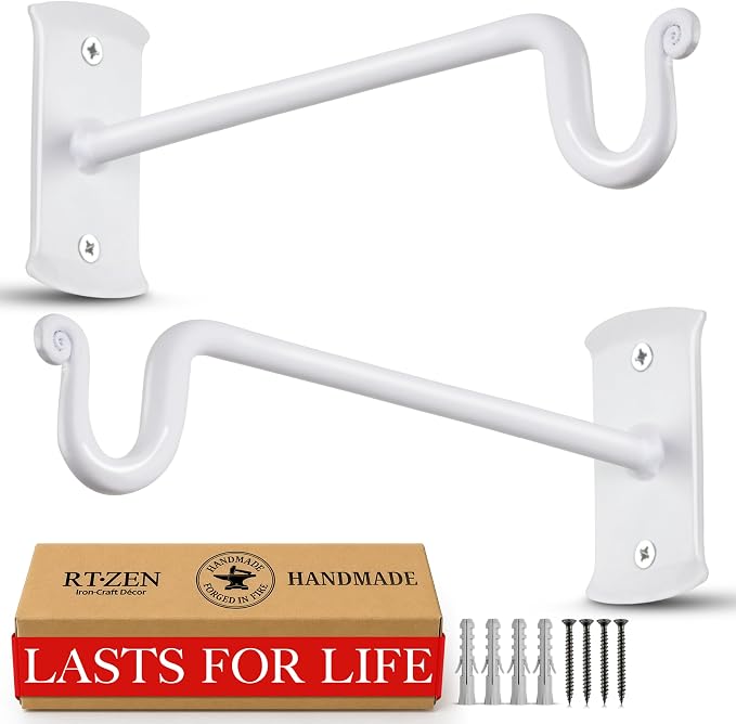 RTZEN Plant Hangers Outdoor or Indoor - Wrought Iron Metal Hanger Indoor Hook - Heavy Duty Wall Bracket Hooks for Hanging Plants Baskets Lanterns Bird Feeders - 2 Pack (White Shepherds Hooks 10")