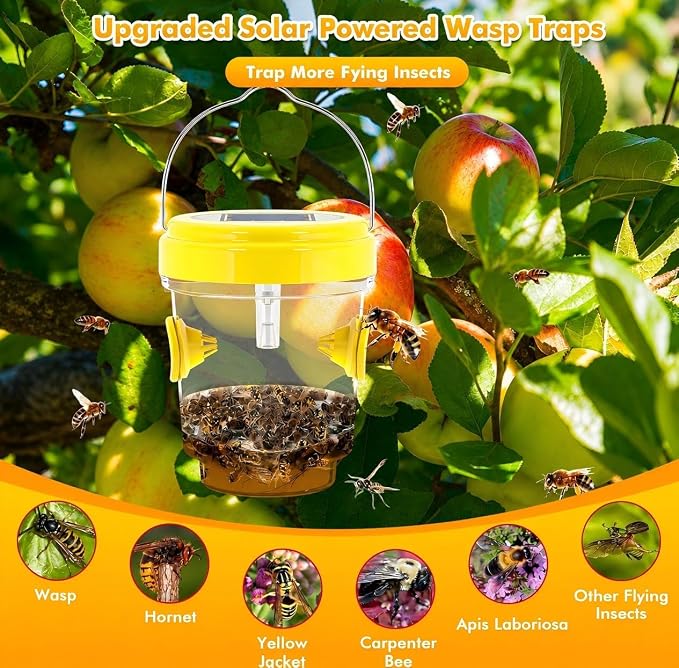 Wasp Traps Outdoor Hanging, Solar Bee Trap for Outside, Reusable Solar Powered Hornet Traps, Bee Wasp Catcher Outside Garden 4 Packs