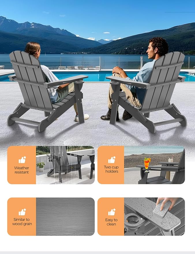 Folding Adirondack Chair Set of 6, Wooden Textured Plastic Adirondack Chairs with 2 Cup Holder, Weather Resistant HDPE Fire Pit Chair, Outdoor Patio Chairs for Garden, Backyard, Lawn, Deck, Grey