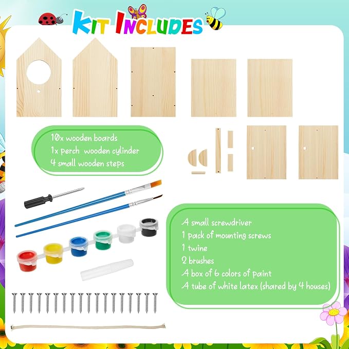 Liliful 1 Pack Wooden Birdhouse Kit for Kids and Adults, DIY Painting Set & Real Outdoor Birdhouse, Durable Craft for Garden, Classroom, Birthday Gifts Ages 3-5 4-8 8-12