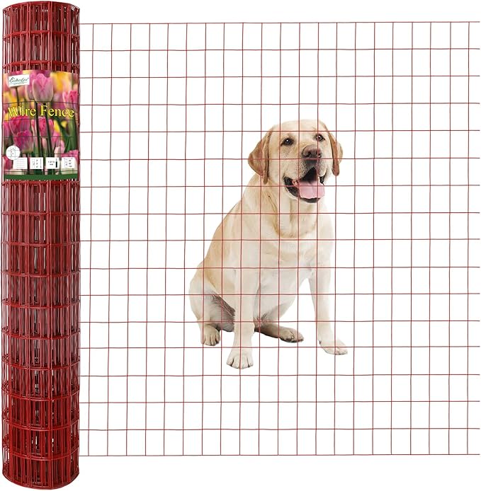 Red PVC Coated Welded Wire Fence 48 Inch x 50 Foot, 2 Inch x 3 Inch 16GA, Garden Border Fencing Roll Vinyl Coating Metal Wire Mesh for Yard Vegetable Plant Protection Poultry Netting