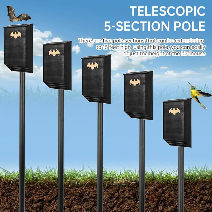 15 FT Telescoping Bird House Pole, Heavy Duty Bat House Mounting Pole | Adjustable outdoor mounting pole with ground socket for Purple Martin houses, birdhouses and bat houses in gardens and yards