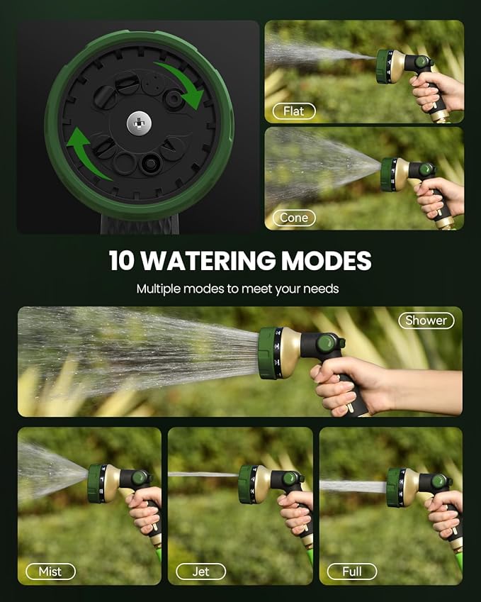 RAINPOINT Garden Hose Nozzle Heavy Duty - 100% Metal Thumb Control Spray Nozzles for Garden Hose High Pressure, 10 Patterns Water Hose Nozzle for Car Wash, Watering Lawn and Pets, Bottle Green