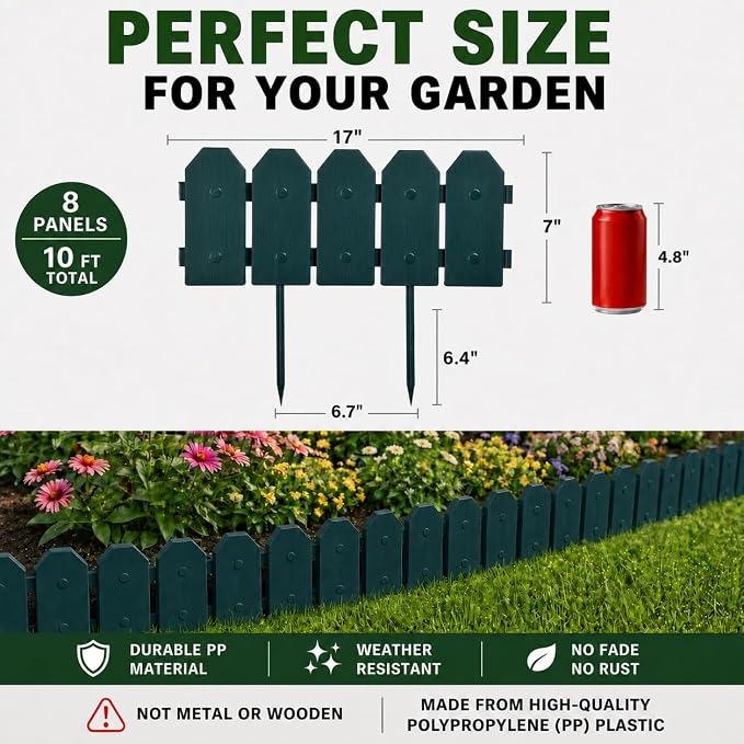 Evelyne Garden Border Edging: Wooden Grain Fence Dog Ear Design - Landscaping Fence Liner Lawn Edge Barrier - Decorative Lawn Landscape Panels Elements -Landscaping Edging (Green, 10ft.)