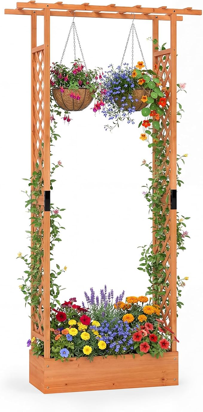 HAPPYGRILL 89" Raised Garden Bed with Trellis & Hanging Roof, Wooden Planter Box with 4 Drainage Holes, Outdoor Wood Elevated Garden Bed for Climbing Plants Vines Vegetables Flowers (Orange,1)
