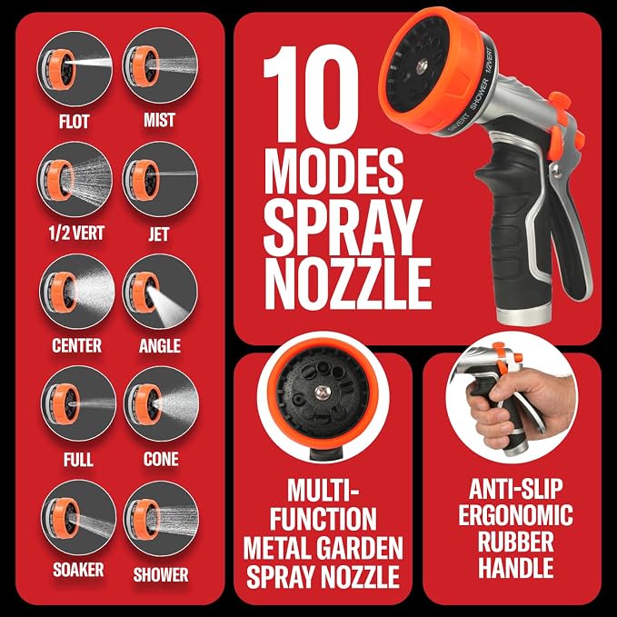 Best 75 ft Metal Garden Hose Set - No-Kink Durable 316 Stainless Steel, 10-Way Zync Spray Nozzle & Hook – Tough Flexible Heavy Duty Water Hoses, 5/8 in, Rust, Weather, LeakProof