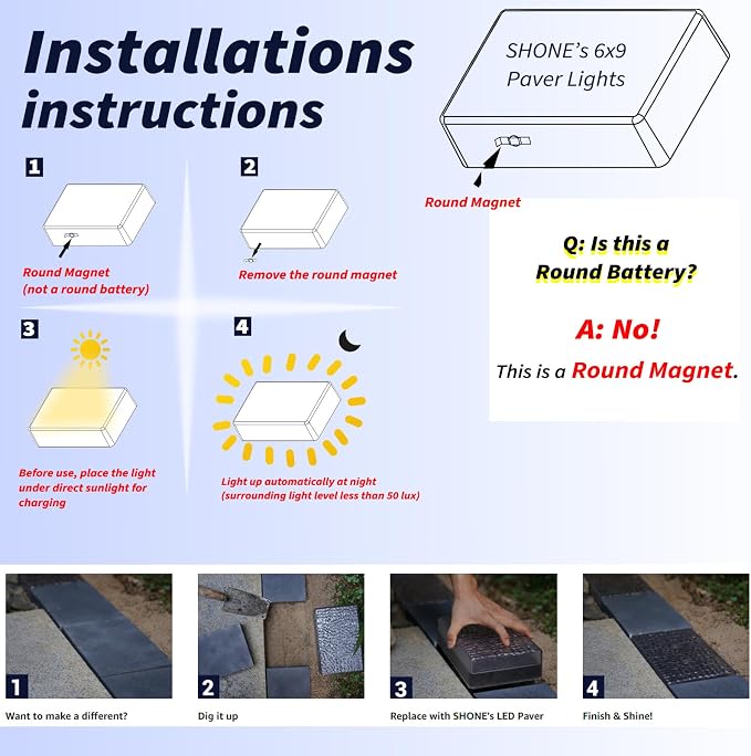 SHONELIGHTING Paver Lights, Solar 12-Color Outdoor Waterproof, In-Ground Brick LED for Driveway & Pathway, Hardscape Pavers, Heavy Duty, RGBW with Remote (6 Pack)