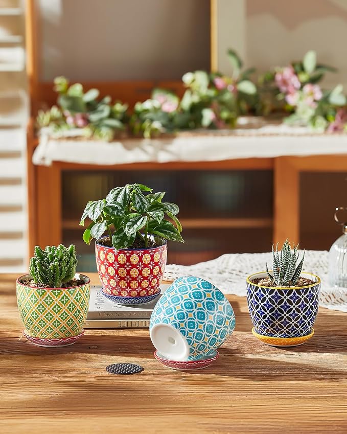 Metahom Succulent Ceramic Pots, 3.8 Inch Small Plant Pots with Drainage Hole & Saucer, Flower Planter Pot for Houseplants, Cacti, Home Decor, Set of 4, Vibrant Colors
