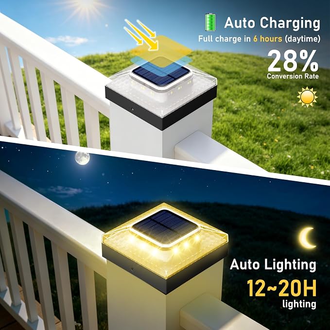 4x4 Solar Post Cap Lights 8 Pack, 3 Color Modes & 2 Brightness, IP67 Waterproof Fence Lights with Auto On/Off, 12-20H Runtime, No Wiring Needed for Outdoor Garden Yard