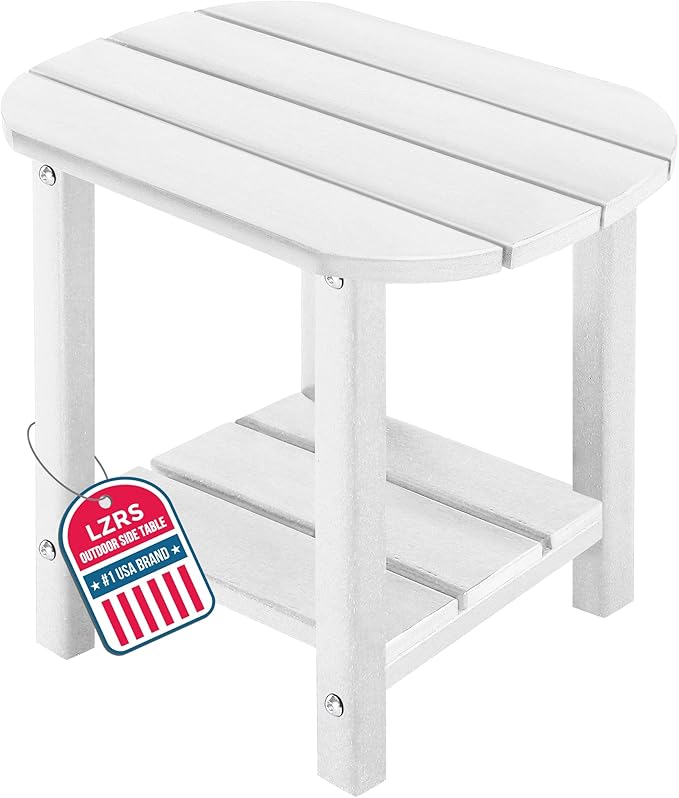 LZRS 2-Tier Patio Side Table, Heavy Duty HDPE Outdoor End Table with Wood Texture, Weatherproof Composite Table for Adirondack Chairs, Deck, Pool, Indoor/Outdoor, No Peeling Cracking(White)