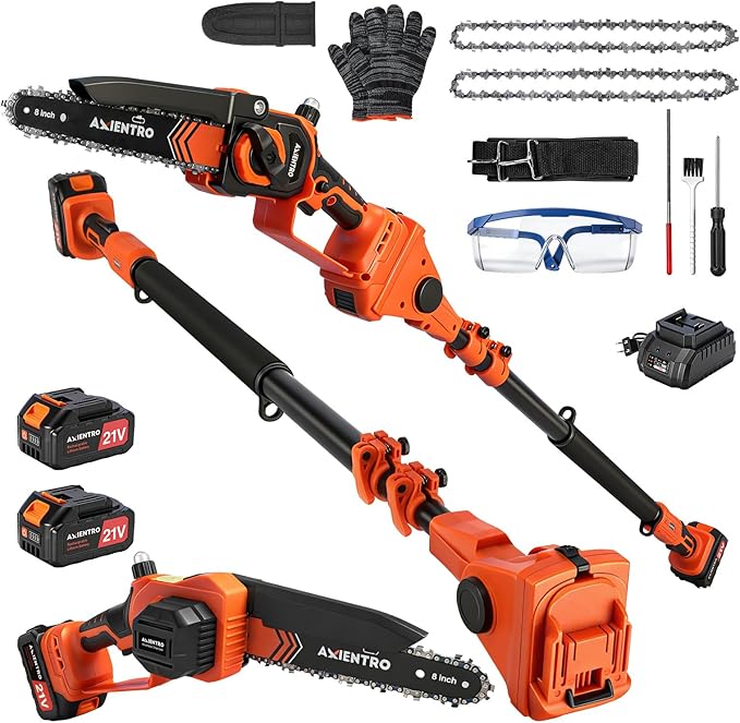 Electric Pole Saws for Tree Trimming, 2-in-1 Bruless Motor Mini Chainsaw & Pole Saw, 8-in Electric Chainsaw Cordless with Extendsion Pole, 2x4000mAh Li Batteries & Charger, 16FT Max Reach