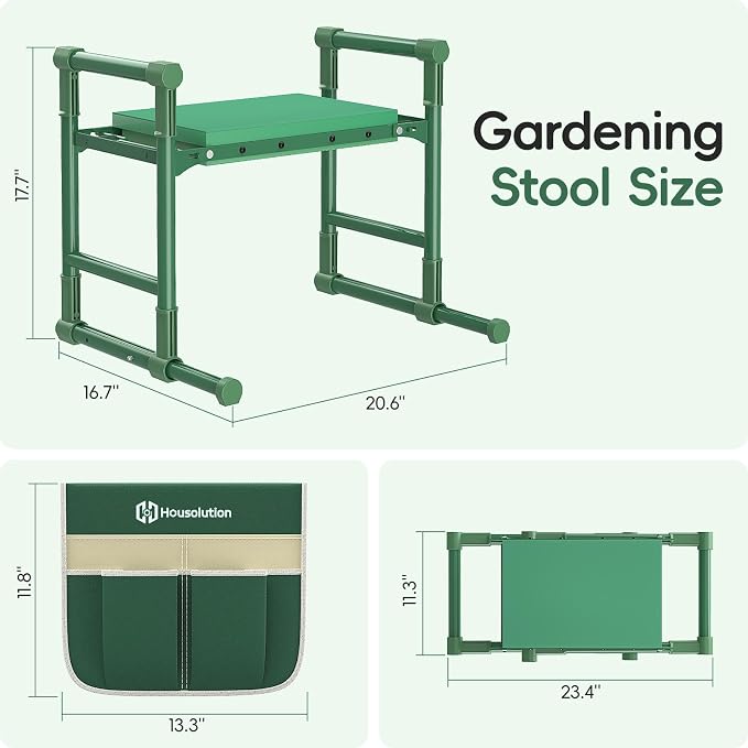 Housolution Garden Kneeler and Seat with Anti-Tipping Extendable Legs, Foldable and Portable Garden Stool with 2 Tool Bags, Thick Soft Kneeling Pad, Gardening Gifts for Women Men Seniors, Deep Green