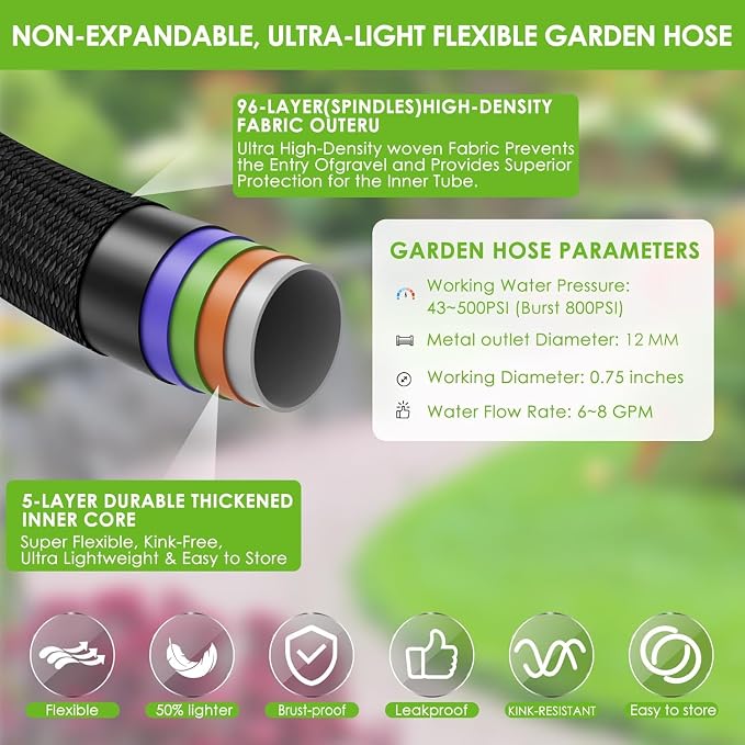 Garden Hose 100 ft, Non-Expandable Ultra-Lightweight Flexible Hose with 360° Dual-End Anti-Kink Design, 10-Pattern Spray Nozzle, 500 PSI Leak-Proof, 96-Strand Braided Fabric, Storage Strap