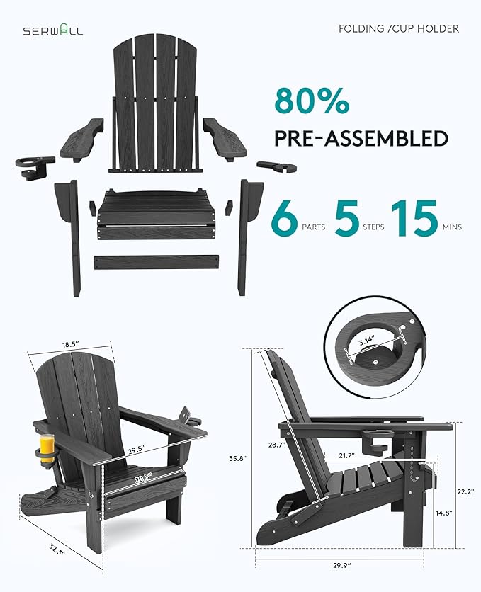 SERWALL Foldable Adirondack Chair Set of 4, HDPE Adirondack Chair with Wood-Texture-Gray